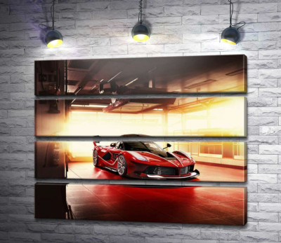 Модульна картина "Червоний автомобіль Ferrari FXX-K в ангарі"