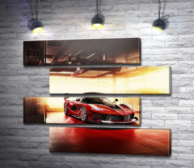 Модульна картина "Червоний автомобіль Ferrari FXX-K в ангарі"