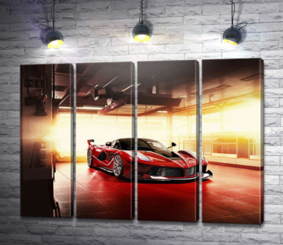 Модульна картина "Червоний автомобіль Ferrari FXX-K в ангарі"