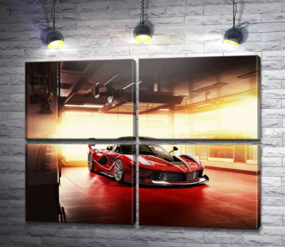 Модульна картина "Червоний автомобіль Ferrari FXX-K в ангарі"