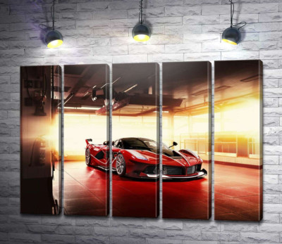 Модульна картина "Червоний автомобіль Ferrari FXX-K в ангарі"