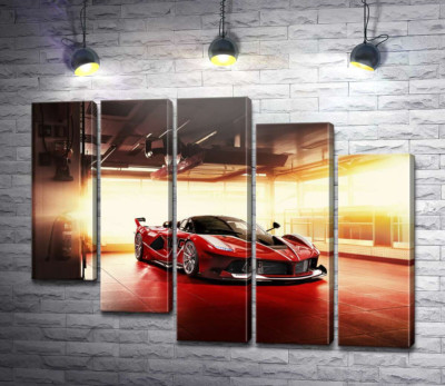 Модульная картина "Красный автомобиль Ferrari FXX-K в ангаре"
