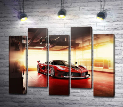 Модульна картина "Червоний автомобіль Ferrari FXX-K в ангарі"