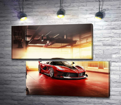 Модульна картина "Червоний автомобіль Ferrari FXX-K в ангарі"