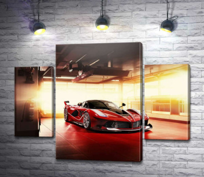 Модульная картина "Красный автомобиль Ferrari FXX-K в ангаре"