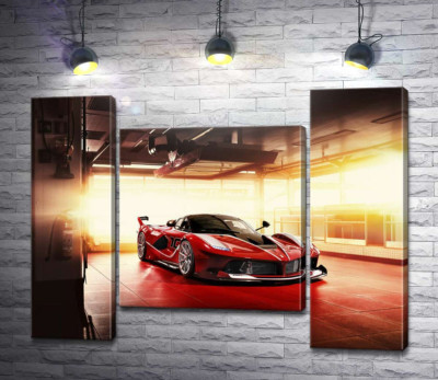 Модульная картина "Красный автомобиль Ferrari FXX-K в ангаре"