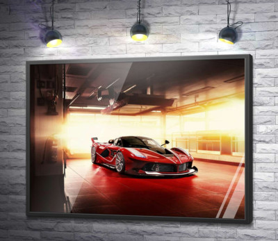 Постер "Красный автомобиль Ferrari FXX-K в ангаре"