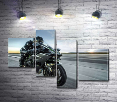 Модульная картина "Гонщик мчит на черном мотоцикле Kawasaki Ninja"