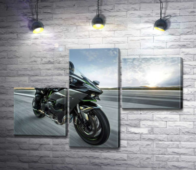 Модульная картина "Гонщик мчит на черном мотоцикле Kawasaki Ninja"