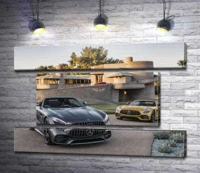 Модульная картина "Люксовые автомобили Mercedes-Benz AMG GT на заднем дворе виллы"