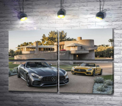 Модульная картина "Люксовые автомобили Mercedes-Benz AMG GT на заднем дворе виллы"