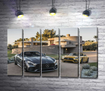 Модульная картина "Люксовые автомобили Mercedes-Benz AMG GT на заднем дворе виллы"