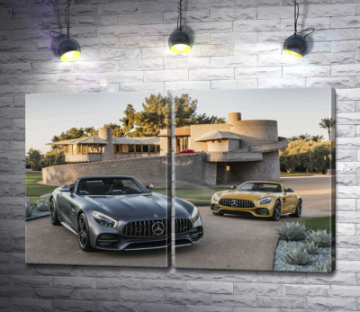 Модульная картина "Люксовые автомобили Mercedes-Benz AMG GT на заднем дворе виллы"