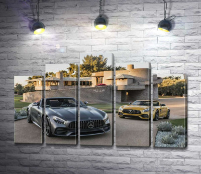 Модульная картина "Люксовые автомобили Mercedes-Benz AMG GT на заднем дворе виллы"