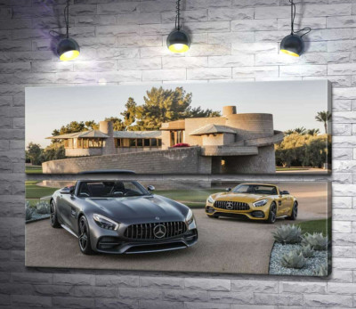 Люксовые автомобили Mercedes-Benz AMG GT на заднем дворе виллы