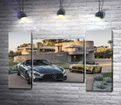 Модульная картина "Люксовые автомобили Mercedes-Benz AMG GT на заднем дворе виллы"