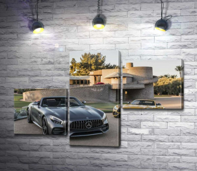 Модульная картина "Люксовые автомобили Mercedes-Benz AMG GT на заднем дворе виллы"