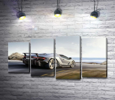 Модульна картина "Сріблястий автомобіль Lamborghini Centenario мчить по дорозі"