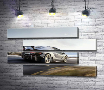 Модульная картина "Серебристый автомобиль Lamborghini Centenario мчит по дороге"