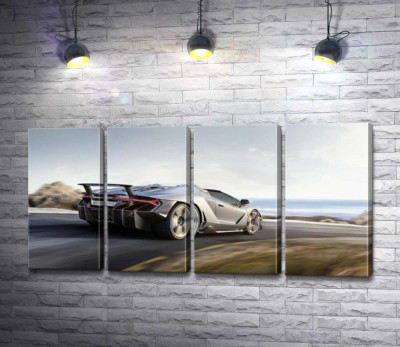 Модульна картина "Сріблястий автомобіль Lamborghini Centenario мчить по дорозі"