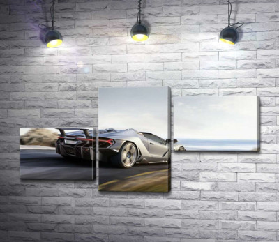 Модульная картина "Серебристый автомобиль Lamborghini Centenario мчит по дороге"