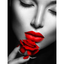 Красная роза подчеркивает алые губы девушки