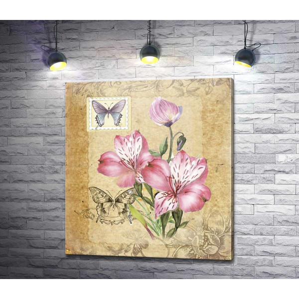 Винтажная открытка с цветами лилий и бабочками