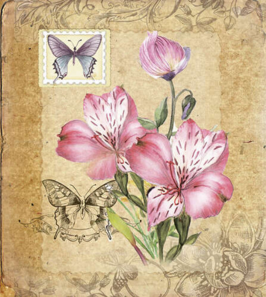 Винтажная открытка с цветами лилий и бабочками