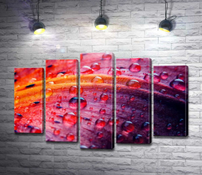 Модульная картина "Капли росы на сиренево-желтом листке"
