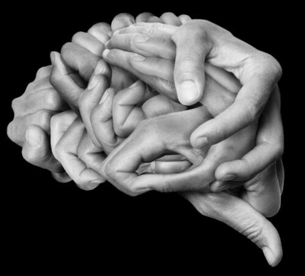 Кисти рук переплетены в виде мозга
