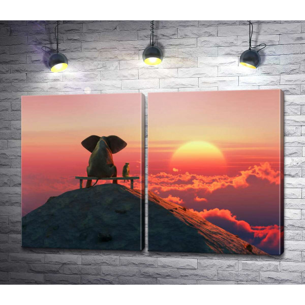 Слон и собака на лавочке, смотрящие в закат