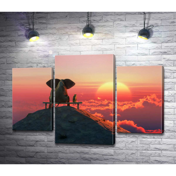 Слон і собака на лавці, що дивляться на захід сонця