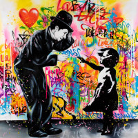 Арт графіті Чарлі Чапліна з дівчинкою в стилі Бенксі