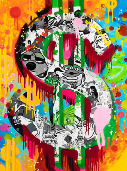 Арт граффити с мультяшными персонажами и знаком доллара