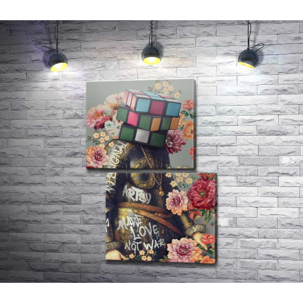 Make love not war: рыцарь с цветами и головой кубика Рубика