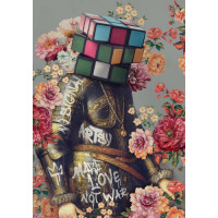 Make love not war: рыцарь с цветами и головой кубика Рубика
