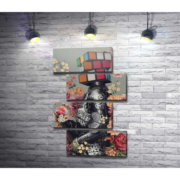 Рыцарь с цветами и головой кубика Рубика