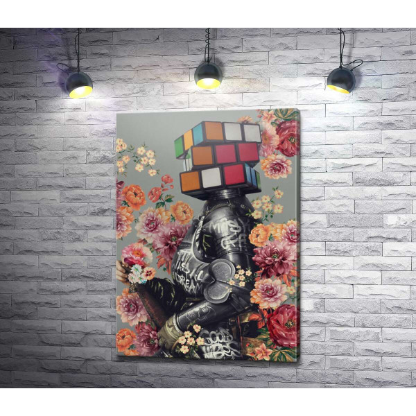 Рыцарь с цветами и головой кубика Рубика