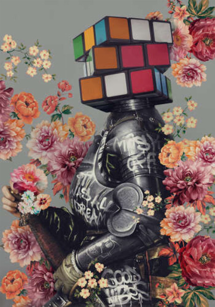 Лицар з квітами та головою кубика Рубіка