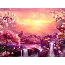 Цветущая сакура над водой скалистых водопадов