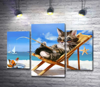 Модульна картина "Стильний відпочинок кота на морі"