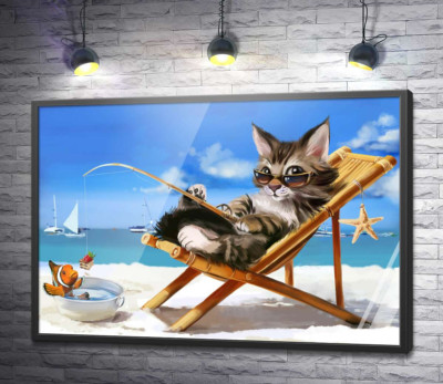 Постер "Стильный отдых кота на море"