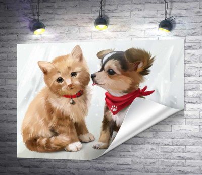 Крошки-друзья котенок и щенок