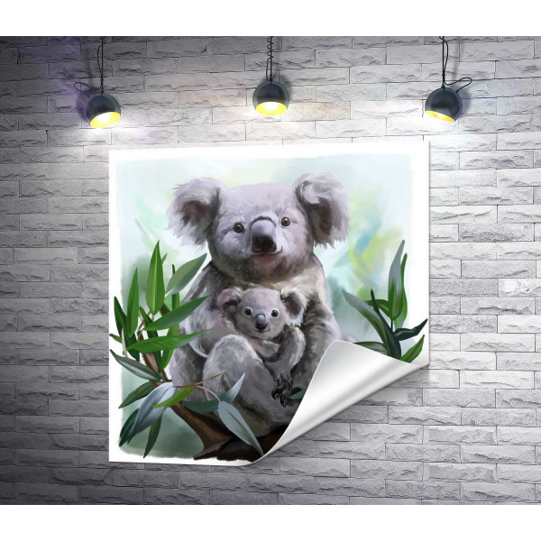 Уютная коала с детенышем на ветке