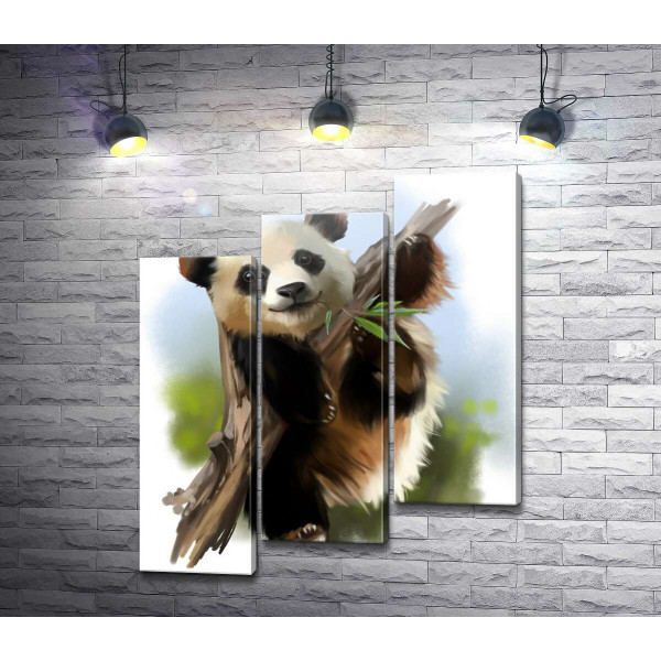 Радісна панда жує бамбук на гілці