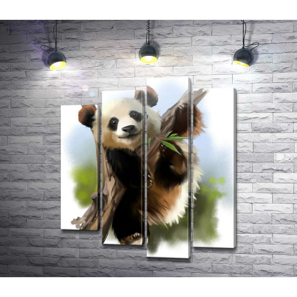 Радісна панда жує бамбук на гілці