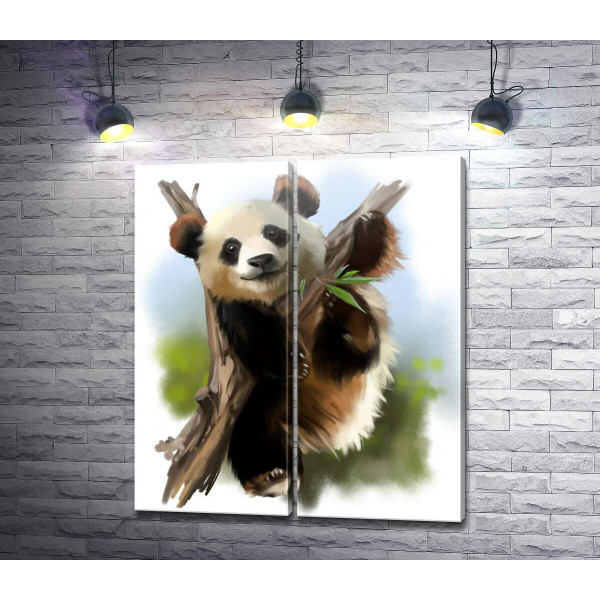 Радостная панда жует бамбук на ветке
