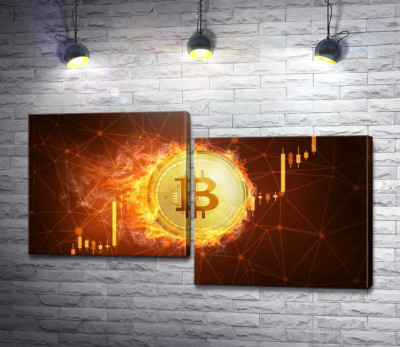 Огненный биткоин на фоне графика роста