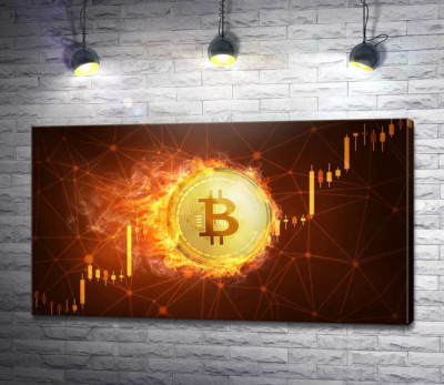 Огненный биткоин на фоне графика роста