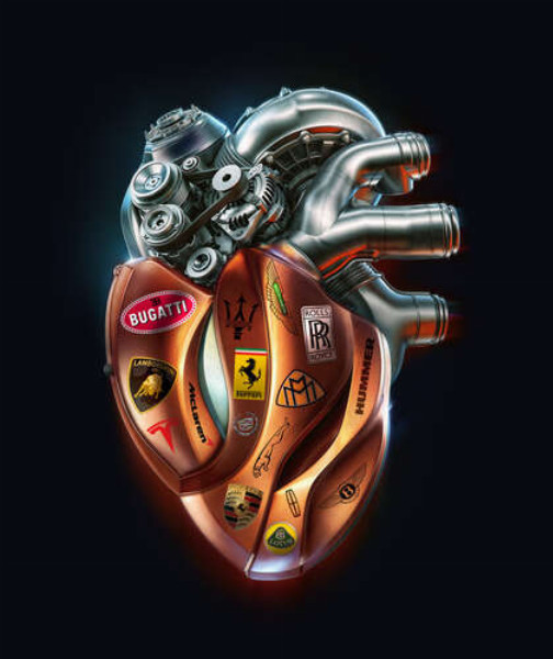 Сердце-мотор с наклейками брендов люксовых авто